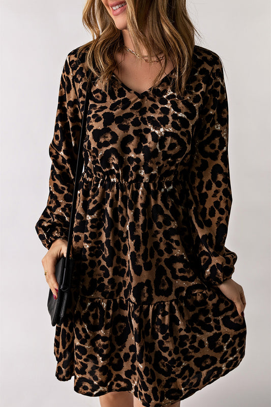 Leopard V-Neck Balloon Sleeve Mini Dress