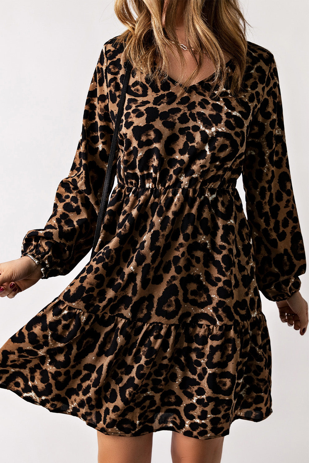 Leopard V-Neck Balloon Sleeve Mini Dress