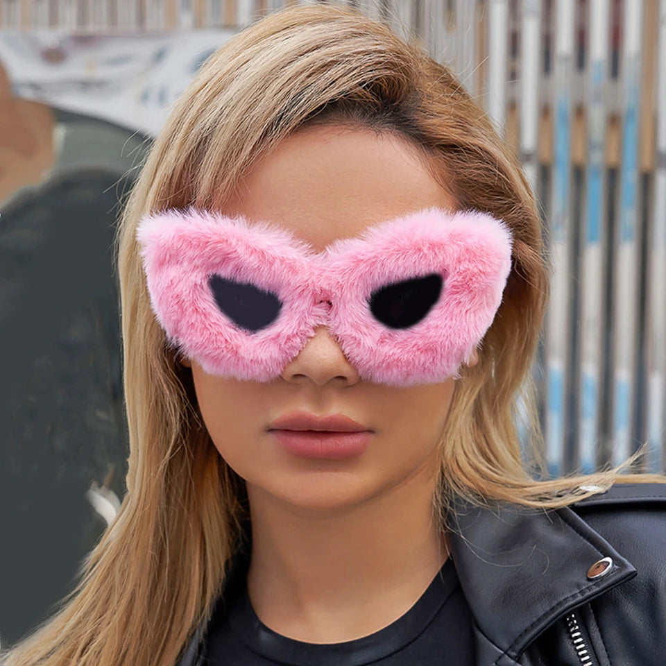 Women Plush Fuzzy Cat Eye Sunglasses Punk Soft Velvet Shades Ladies Handmade Party Masquerade Eyewear