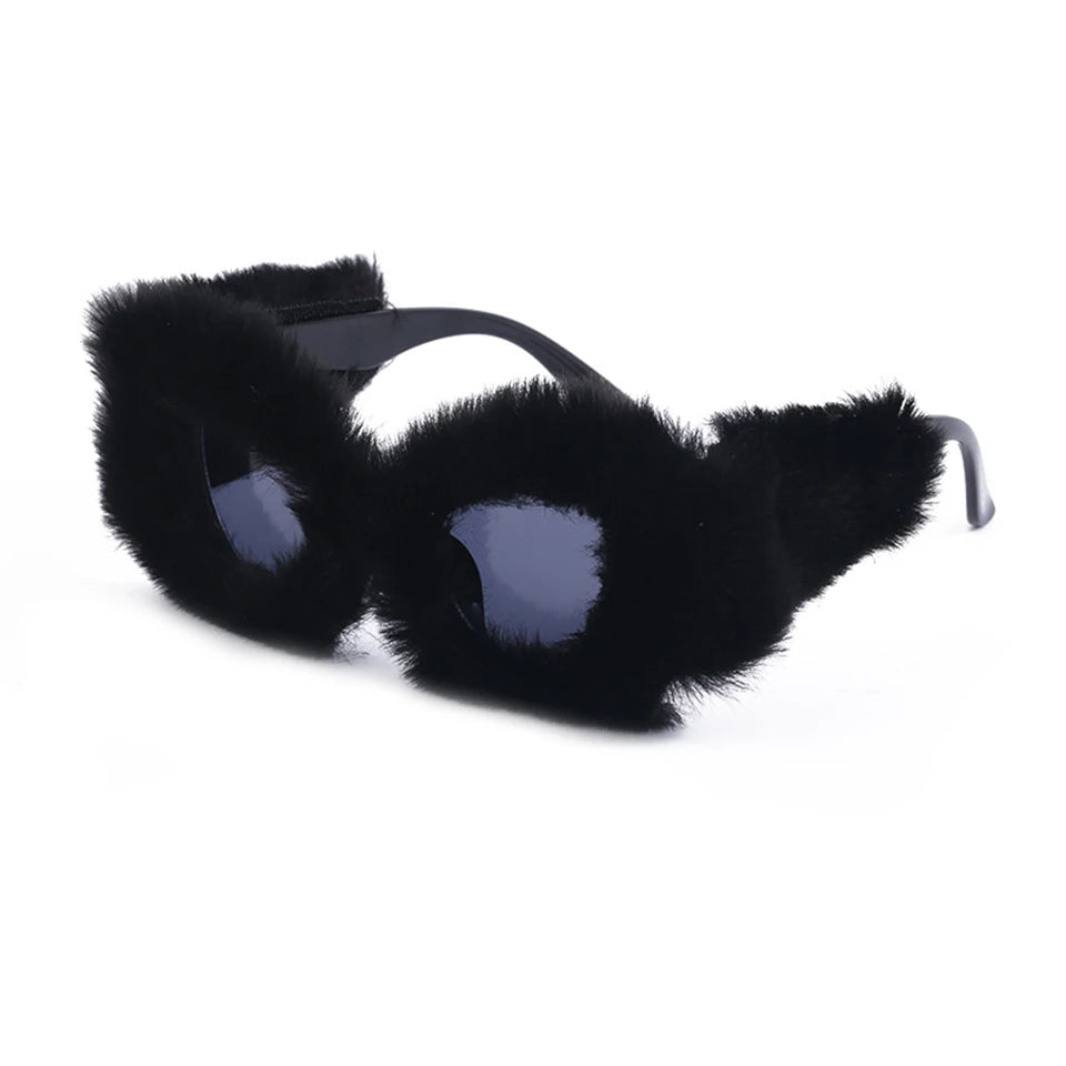 Women Plush Fuzzy Cat Eye Sunglasses Punk Soft Velvet Shades Ladies Handmade Party Masquerade Eyewear