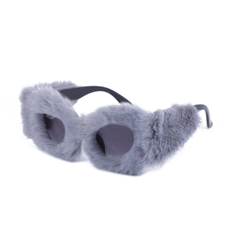 Women Plush Fuzzy Cat Eye Sunglasses Punk Soft Velvet Shades Ladies Handmade Party Masquerade Eyewear