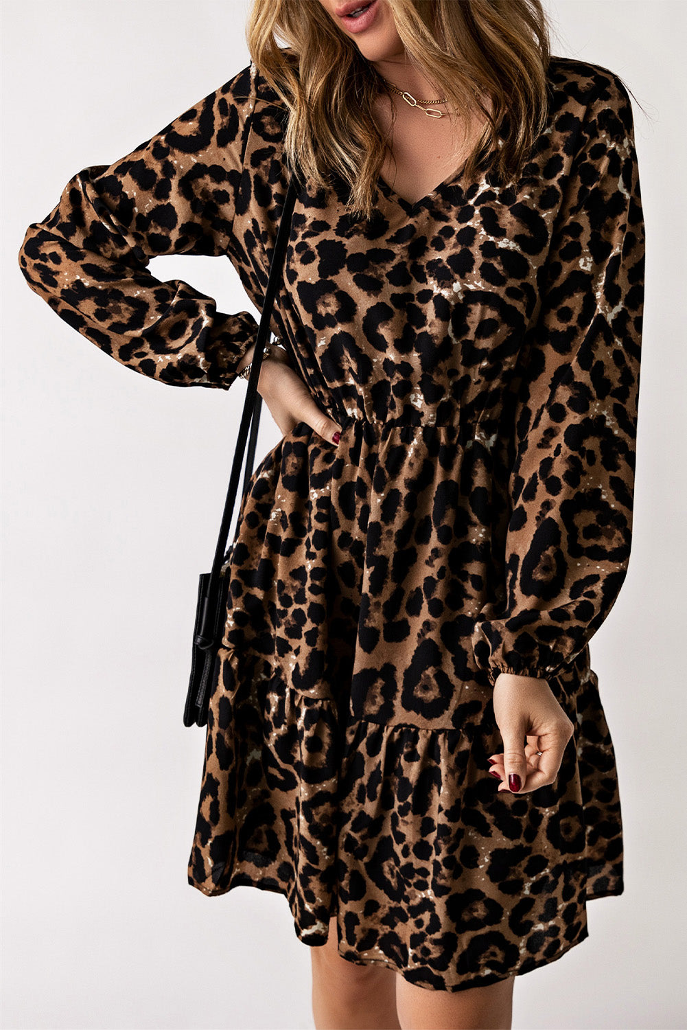 Leopard V-Neck Balloon Sleeve Mini Dress